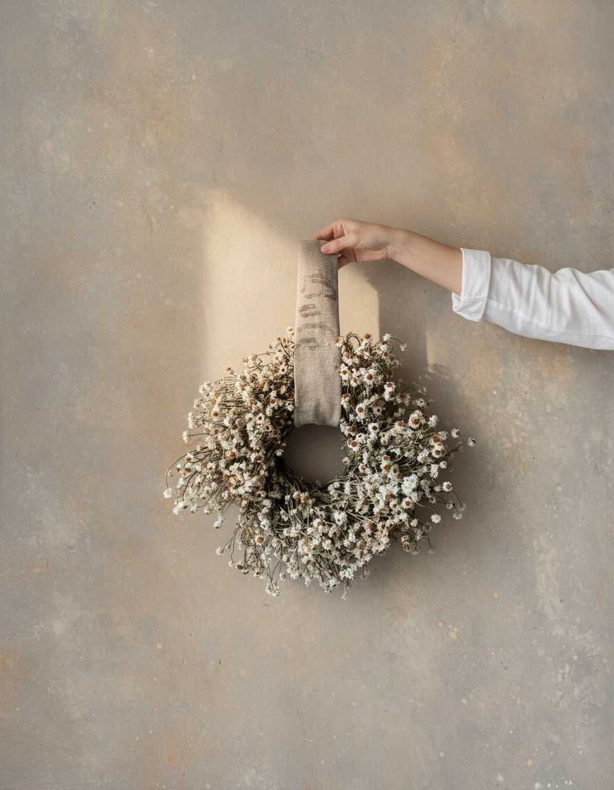 Person hanging a floral wreath on a textured wall