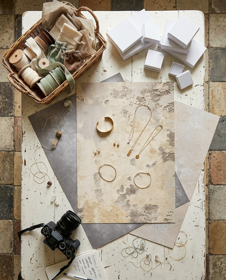 Tabletop with jewelry, camera, and stationery items on a textured surface