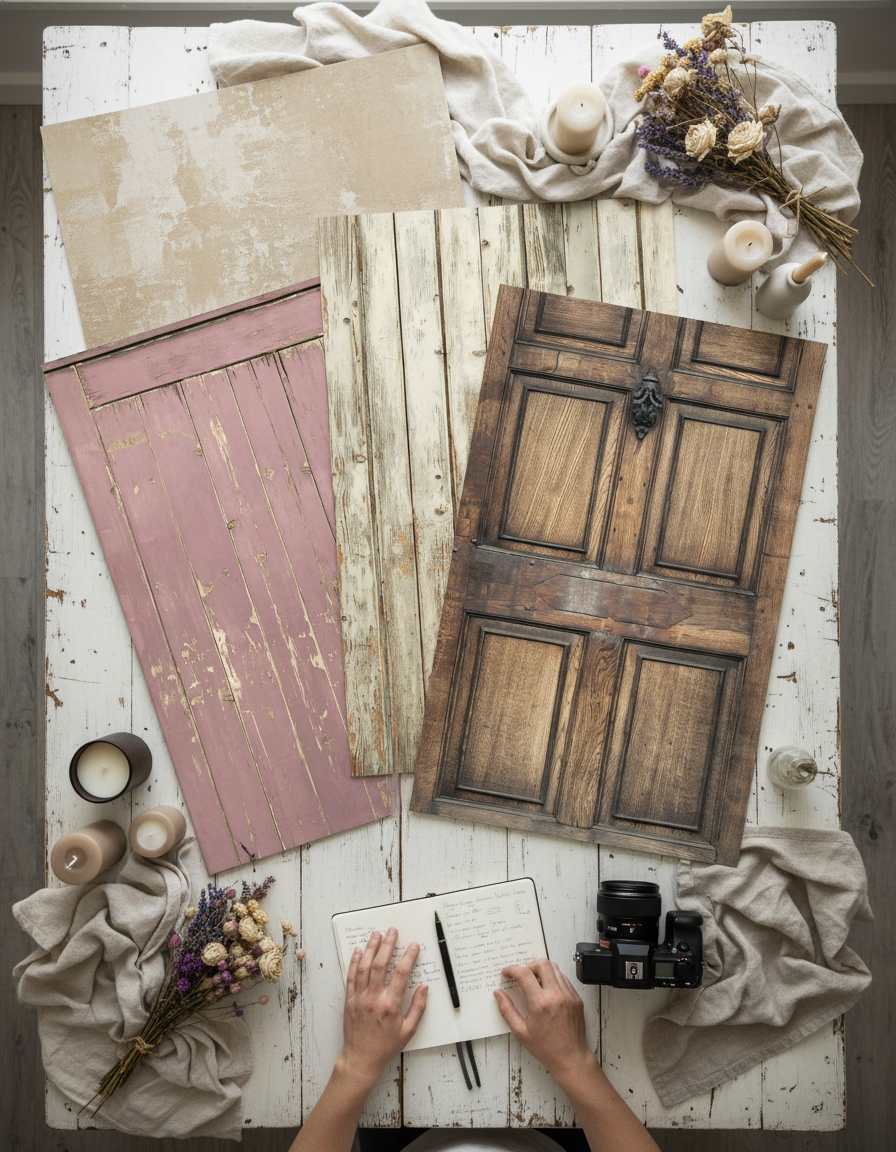 Collage of rustic elements including a wooden door, pink shutter, and vintage camera on a textured surface.