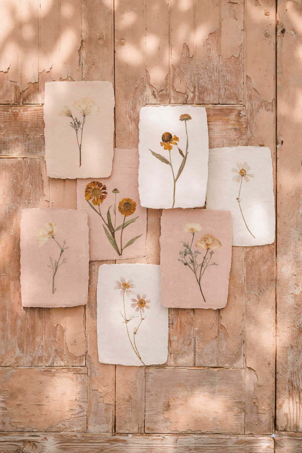 Pressed flowers on paper against a wooden wall